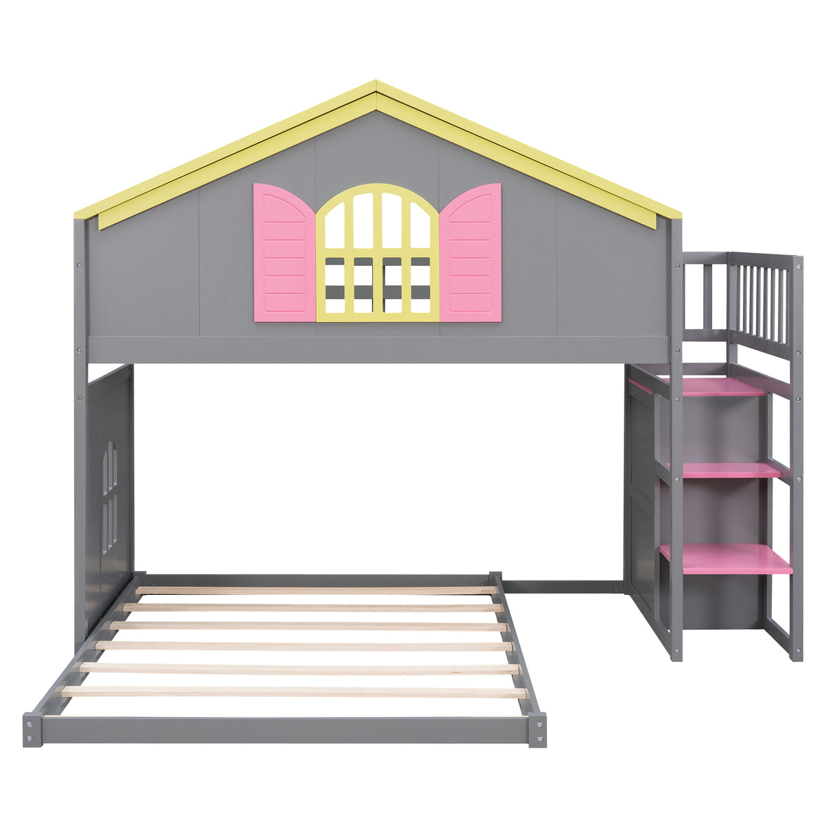 Twin over Full House Bunk Bed with Pink Staircase and Drawer,  Shelves Under the Staircase, House Shaped Bed with Windows, Gray - Home Elegance USA