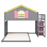 Twin over Full House Bunk Bed with Pink Staircase and Drawer,  Shelves Under the Staircase, House Shaped Bed with Windows, Gray - Home Elegance USA