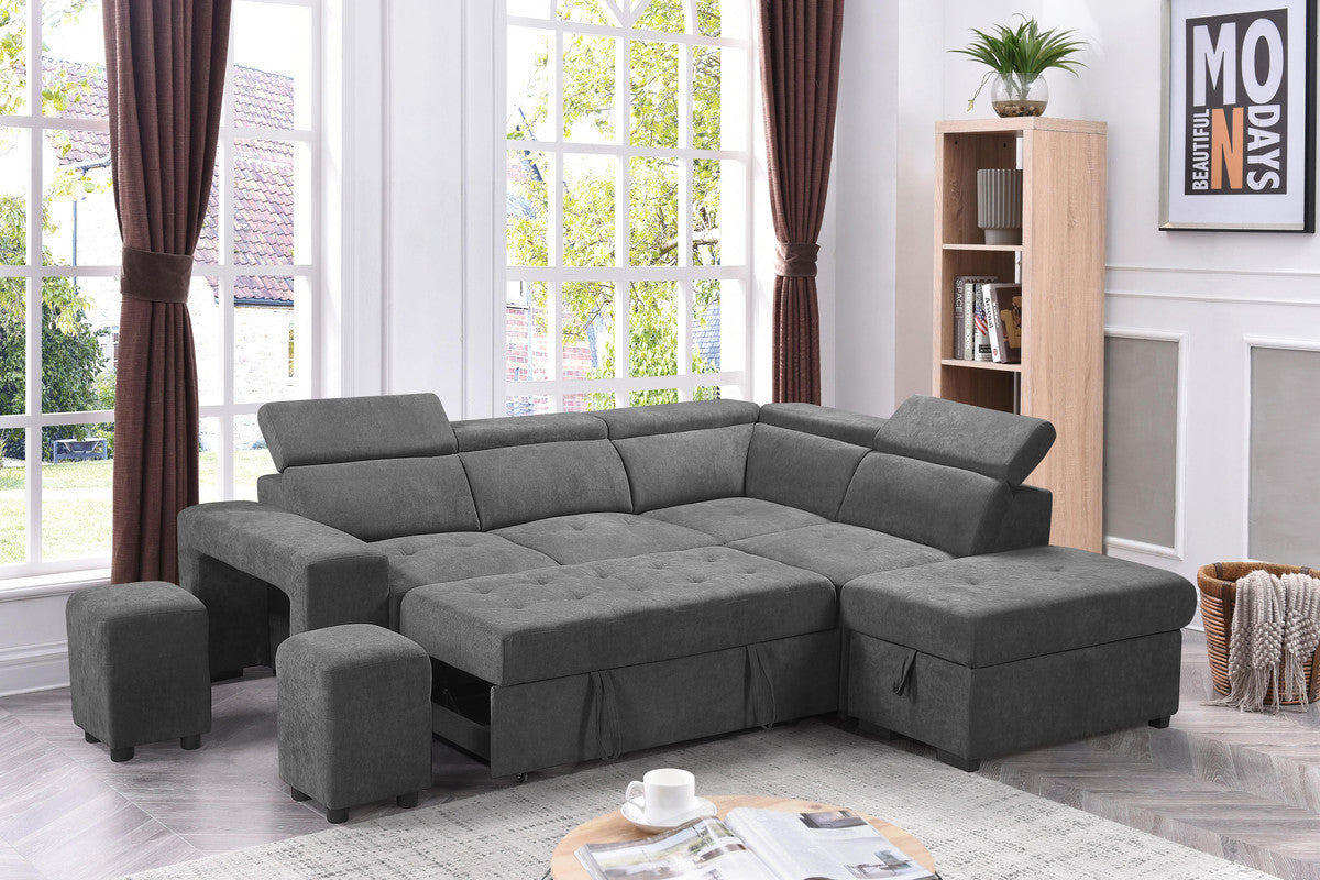 Henrik Light Gray Sleeper Sectional Sofa with Storage Ottoman and 2 Stools - Home Elegance USA