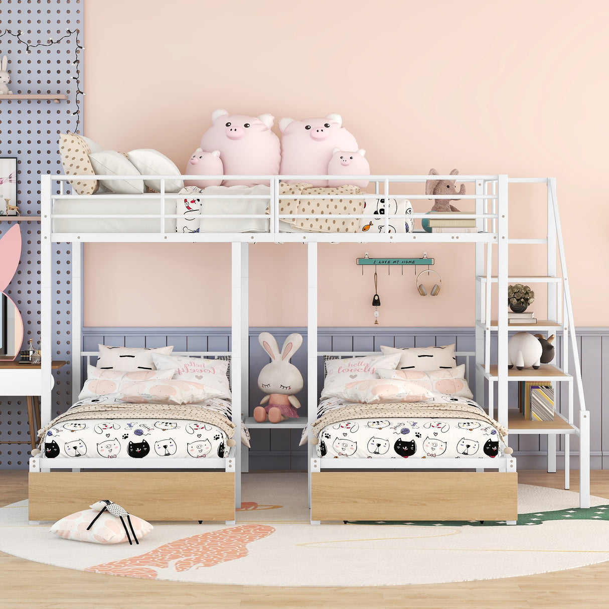 Full over Twin-Twin Triple bunk bed with drawers and staircase, White