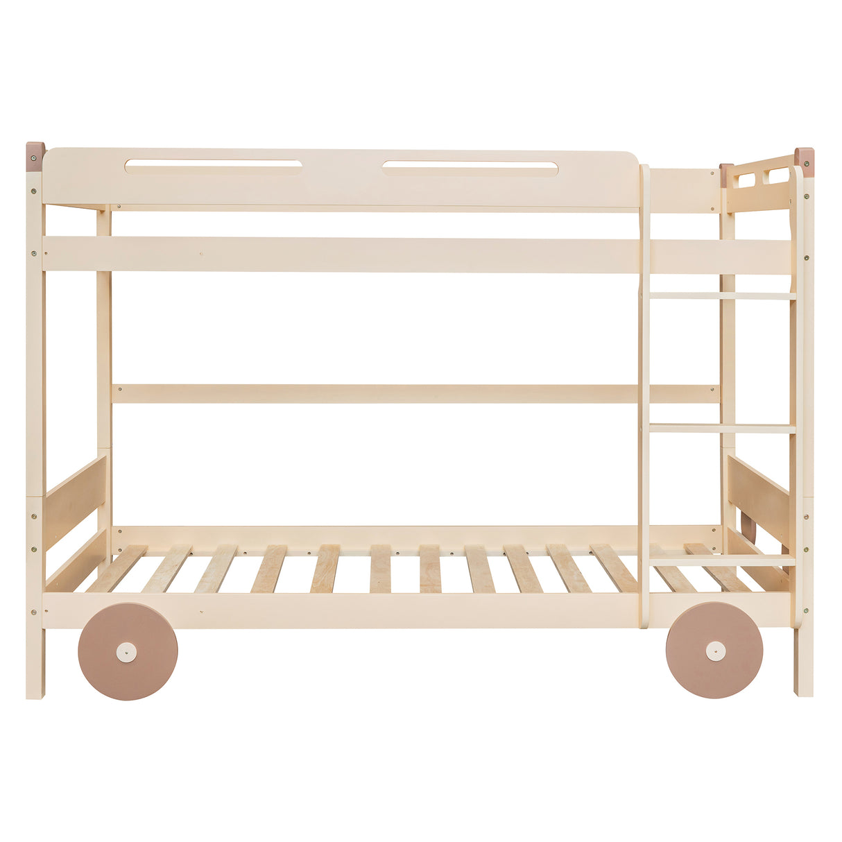 Twin Size Car-Shaped Convertible Bunk Bed, White, Natural+Brown - Home Elegance USA
