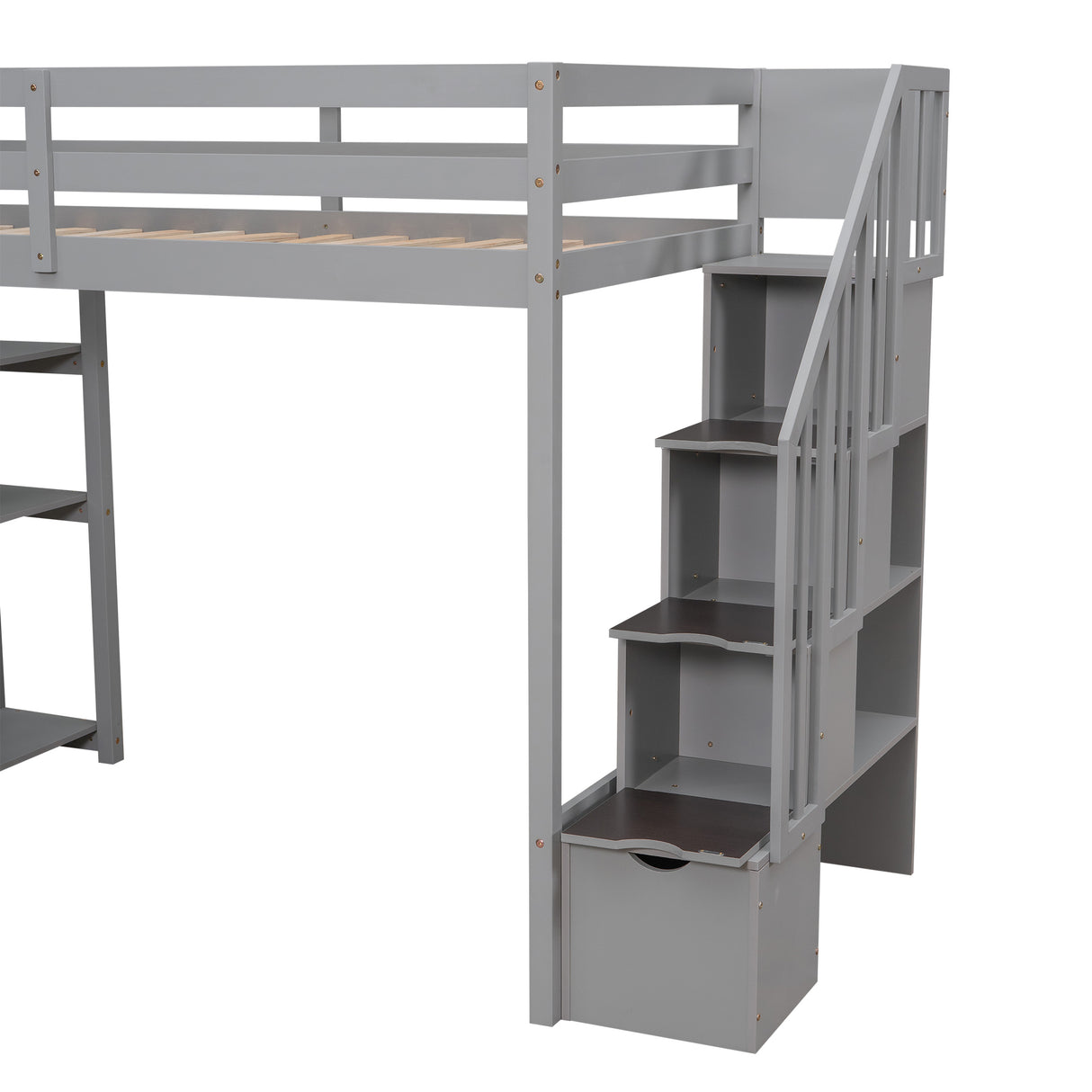 Twin size Loft Bed with Storage Drawers and Stairs, Wooden Loft Bed with Shelves - Gray - Home Elegance USA