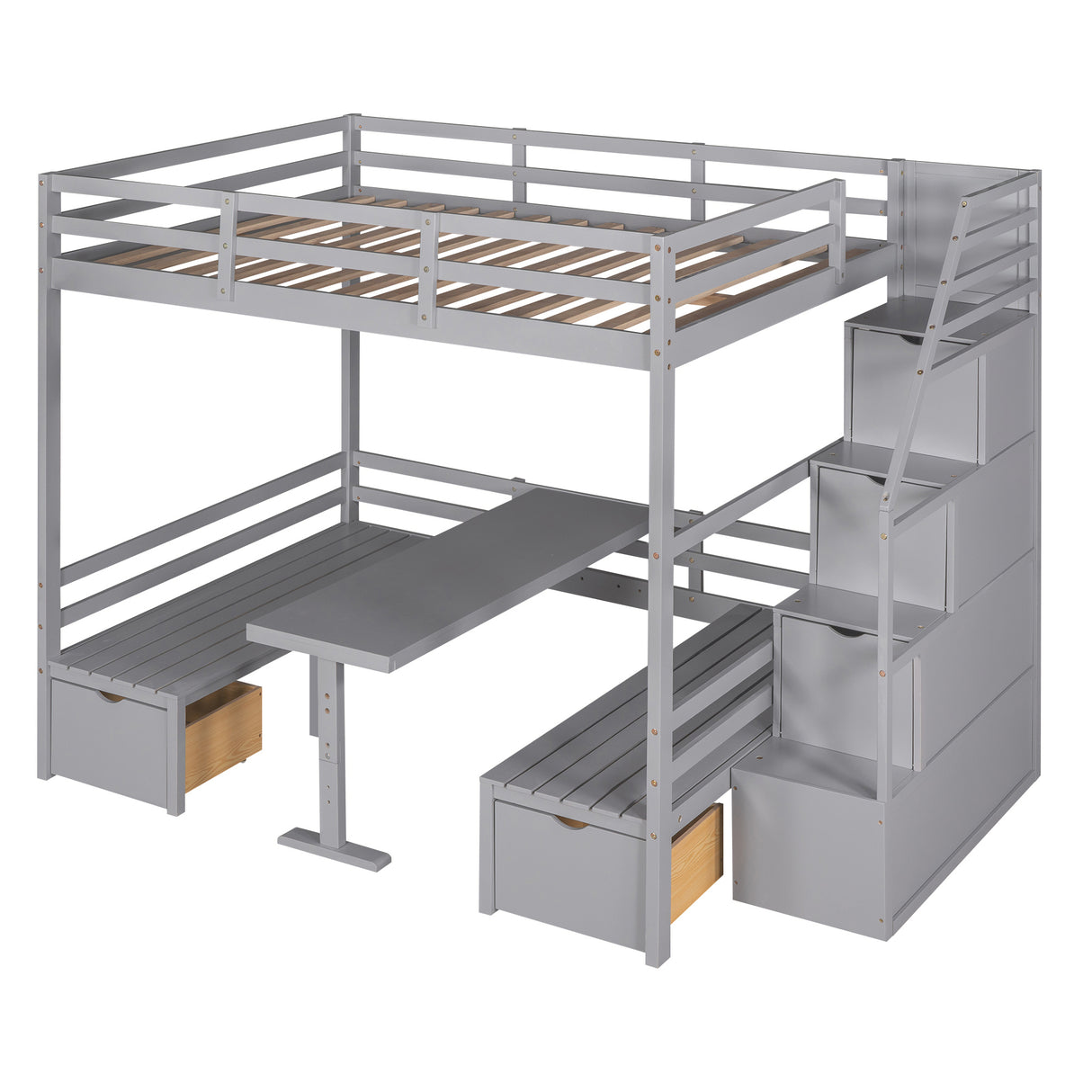 Full over Full Size Bunk Bed with staircase,the Down Bed can be Convertible to Seats and Table Set,Grey - Home Elegance USA