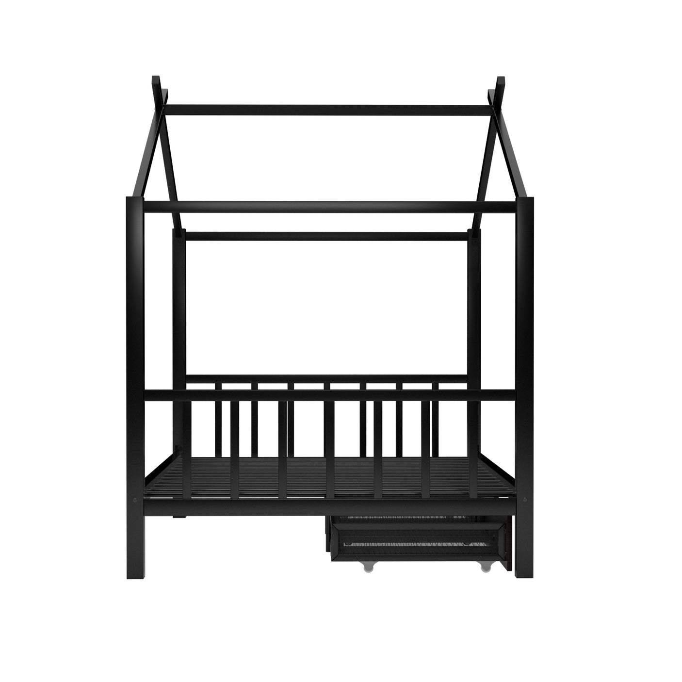 Full Size Metal House Platform Bed with Two Drawers,Headboard and Footboard,Roof Design,Black - Home Elegance USA