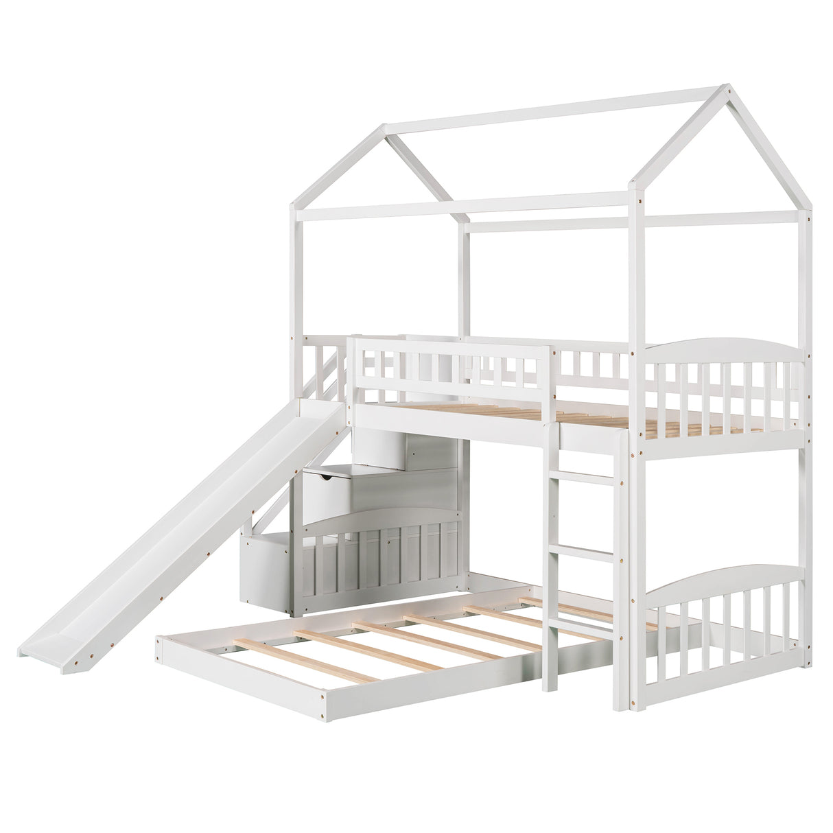 Twin Over Twin Bunk Bed with Two Drawers and Slide, House Bed with Slide, White(OLD SKU :LP000129AAK) - Home Elegance USA