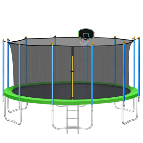 16FT Trampoline for Kids with Safety Enclosure Net, Ladder and 12 Safety Poles, Spring Cover Padding, Basketball Hoop