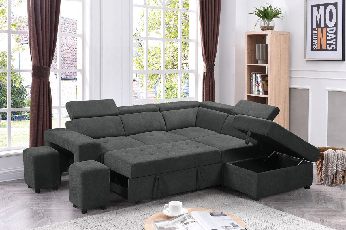 Henrik Dark Gray Sleeper Sectional Sofa with Storage Ottoman and 2 Stools - Home Elegance USA