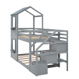 Twin Over Twin Bunk Bed with Storage Stairs,Wood Bed with Roof, Window, Guardrail, Ladder，Gray