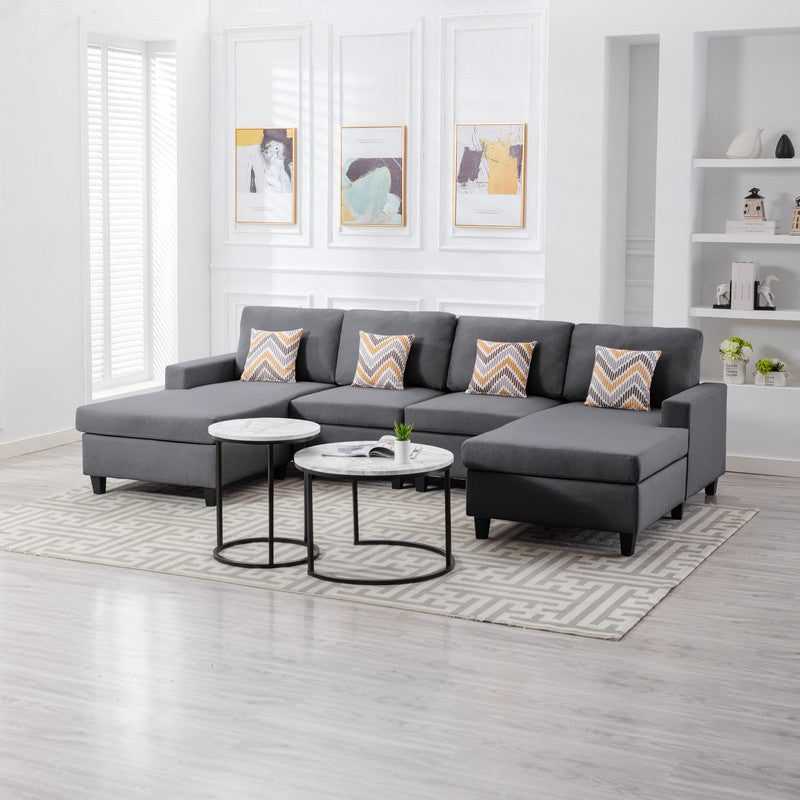 Nolan Gray Linen Fabric 4Pc Double Chaise Sectional Sofa with Pillows and Interchangeable Legs - Home Elegance USA