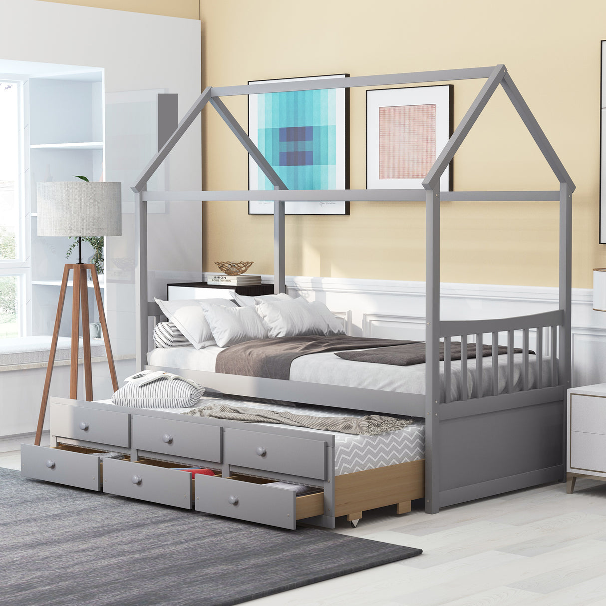 Twin size Wooden House Bed with Trundle and 3 Storage Drawers-Gray - Home Elegance USA