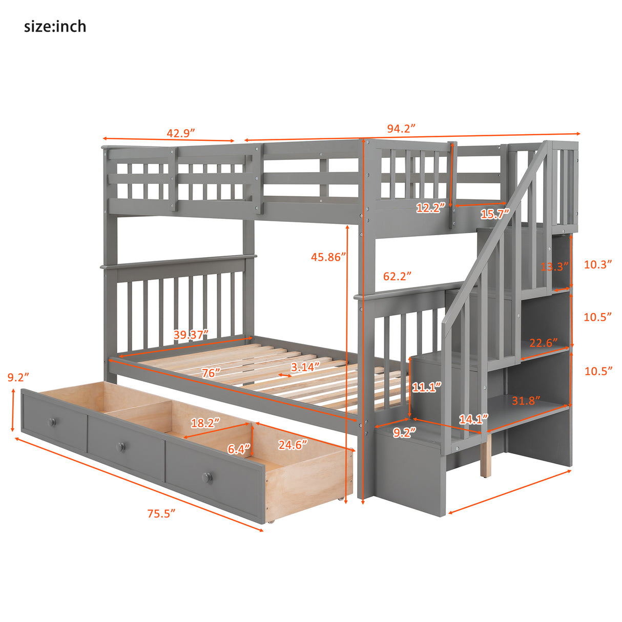 Stairway Twin-Over-Twin Bunk Bed with Three Drawers for Bedroom, Dorm - Gray(Old SKU: LP000309AAE) - Home Elegance USA