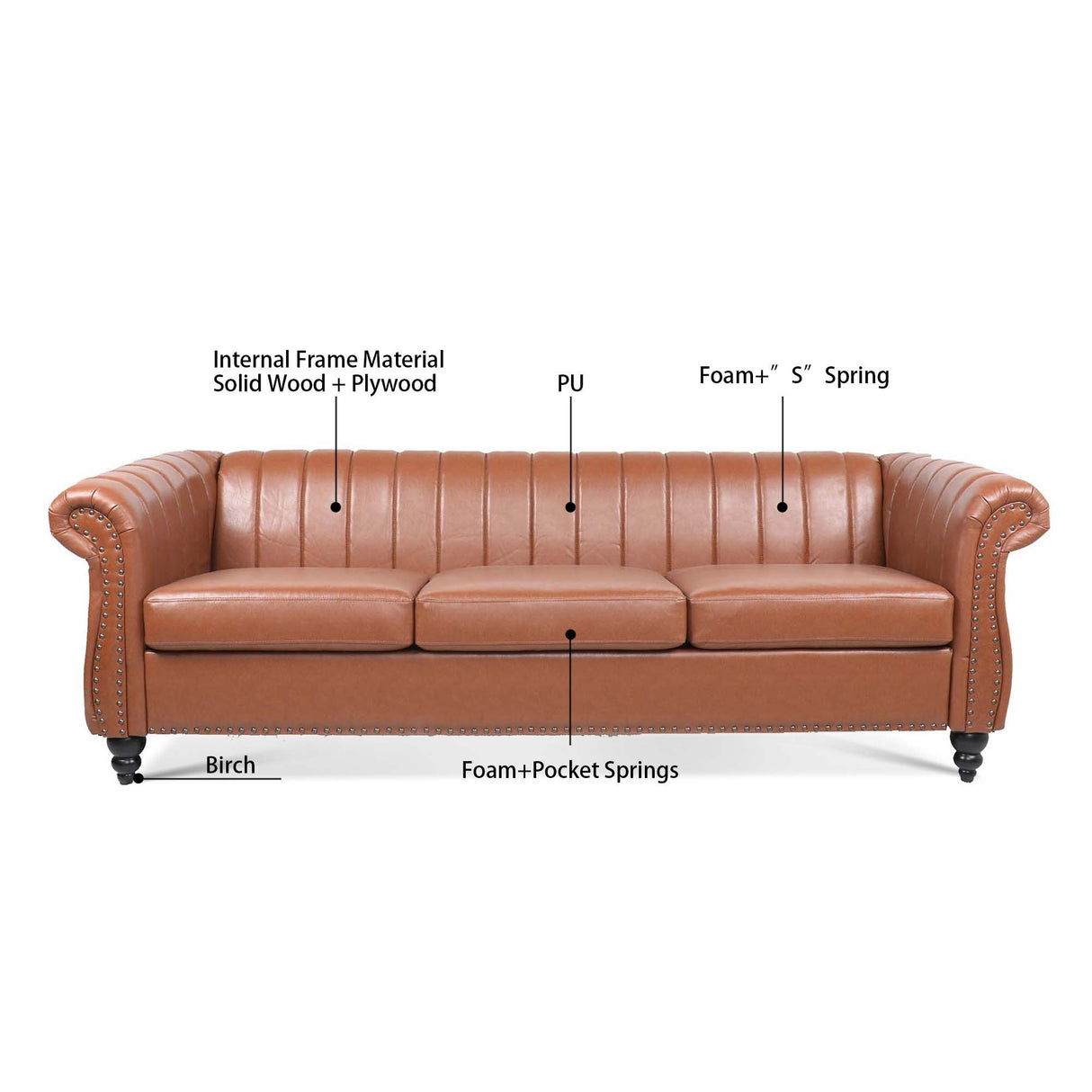 83.46" Brown PU Rolled Arm Chesterfield Three Seater Sofa. - W68033868 - image - 9