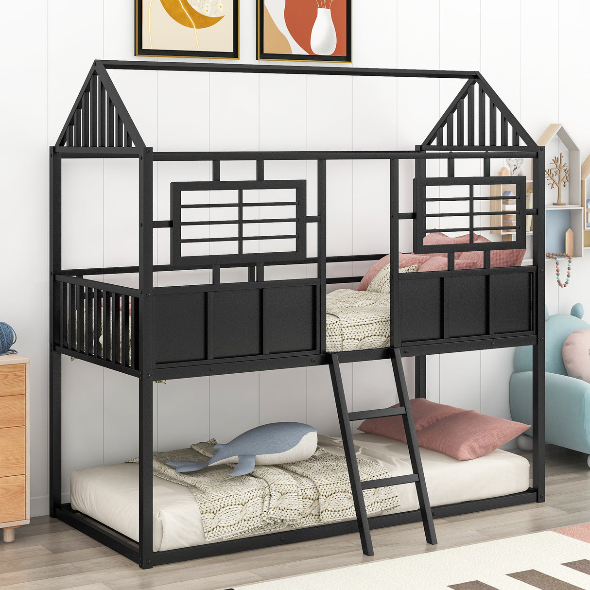 Twin over Twin Size Metal Low Bunk Beds with Roof and Fence-shaped Guardrail, Black - Home Elegance USA