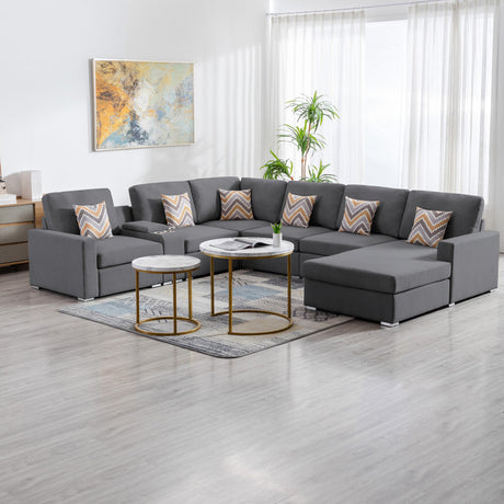 Nolan Gray Linen Fabric 7Pc Reversible Chaise Sectional Sofa with a USB, Charging Ports, Cupholders, Storage Console Table and Pillows and Interchangeable Legs - Home Elegance USA