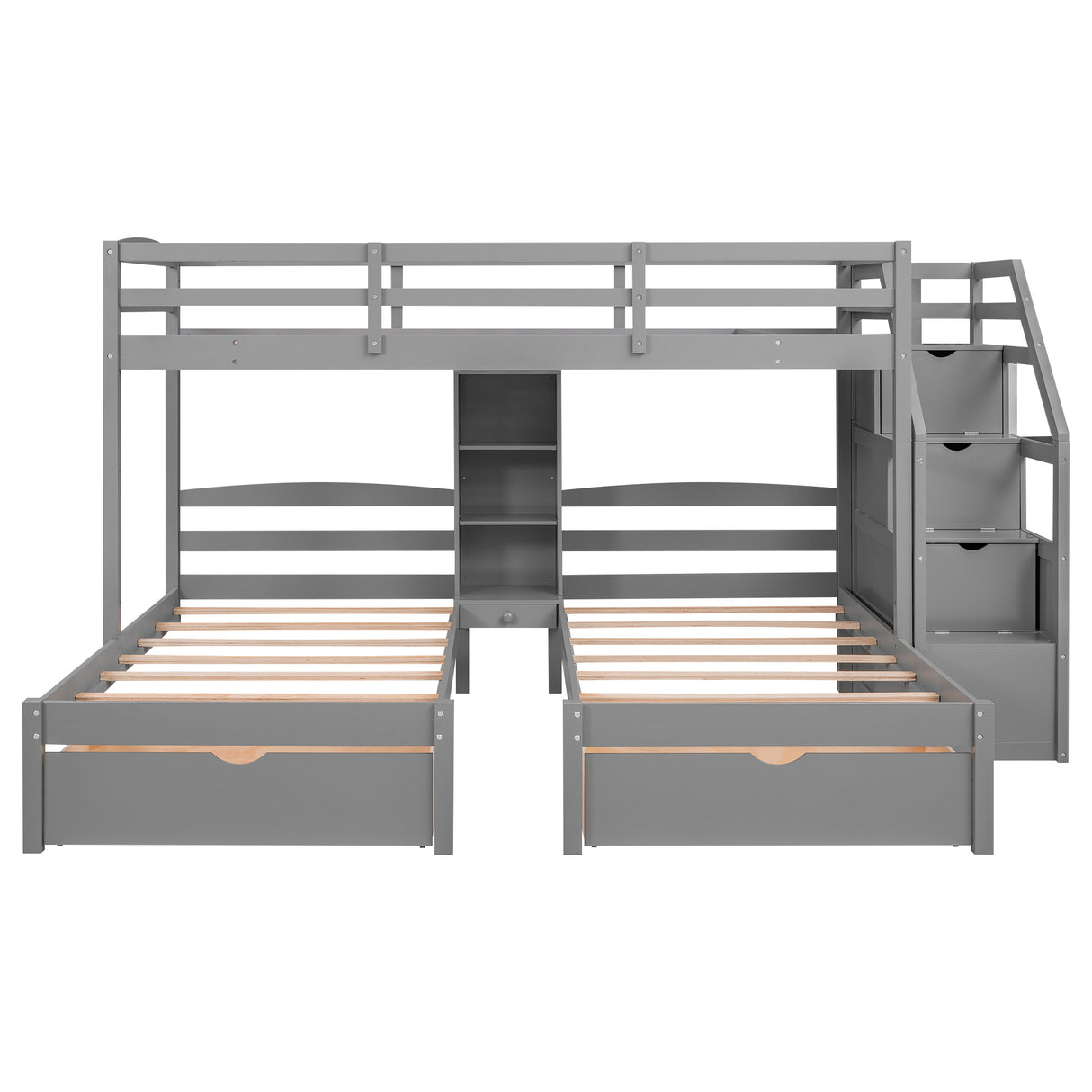 Twin over Twin&Twin Bunk Bed, Triple Bunk Bed with Drawers, Staircase with Storage, Built-in Shelves, Gray - Home Elegance USA