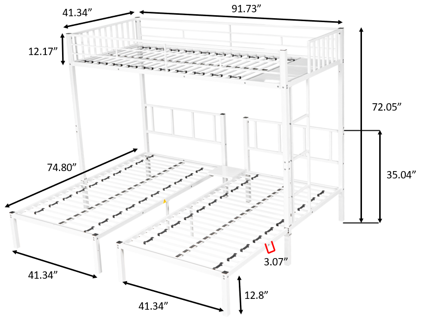 Triple twin bunk bed, can be separated into 3 twin beds - Home Elegance USA