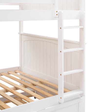 Full Over Full Bunk Bed with Twin Size Trundle, Pine Wood Bunk Bed with Guardrails, White （Old SKU:LP000044AAK）