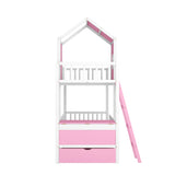 Twin over Twin Bunk Bed with Twin Size Trundle , Farmhouse Bed with Storage Box and Drawer - Pink - Home Elegance USA