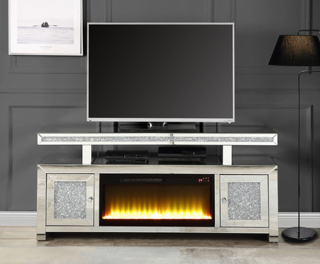 ACME Noralie TV STAND W/FIREPLACE Mirrored & Faux Diamonds LV00523 Home Elegance USA