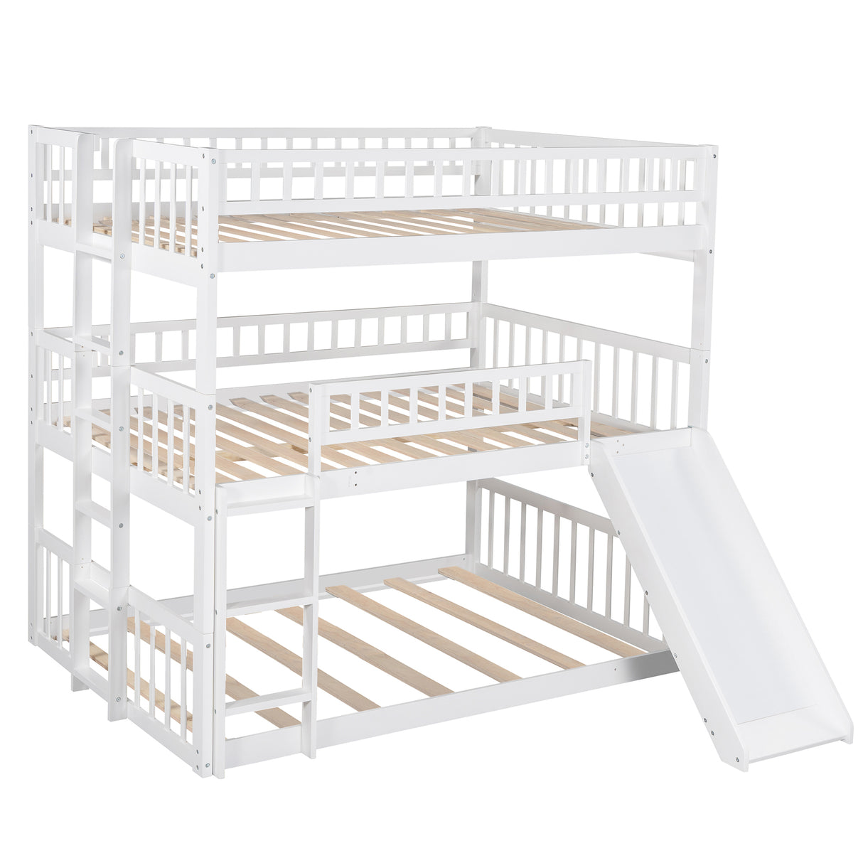 Full-Over-Full-Over-Full Triple Bed with Built-in Ladder and Slide , Triple Bunk Bed with Guardrails, White(OLD SKU :LP000052AAK) - Home Elegance USA