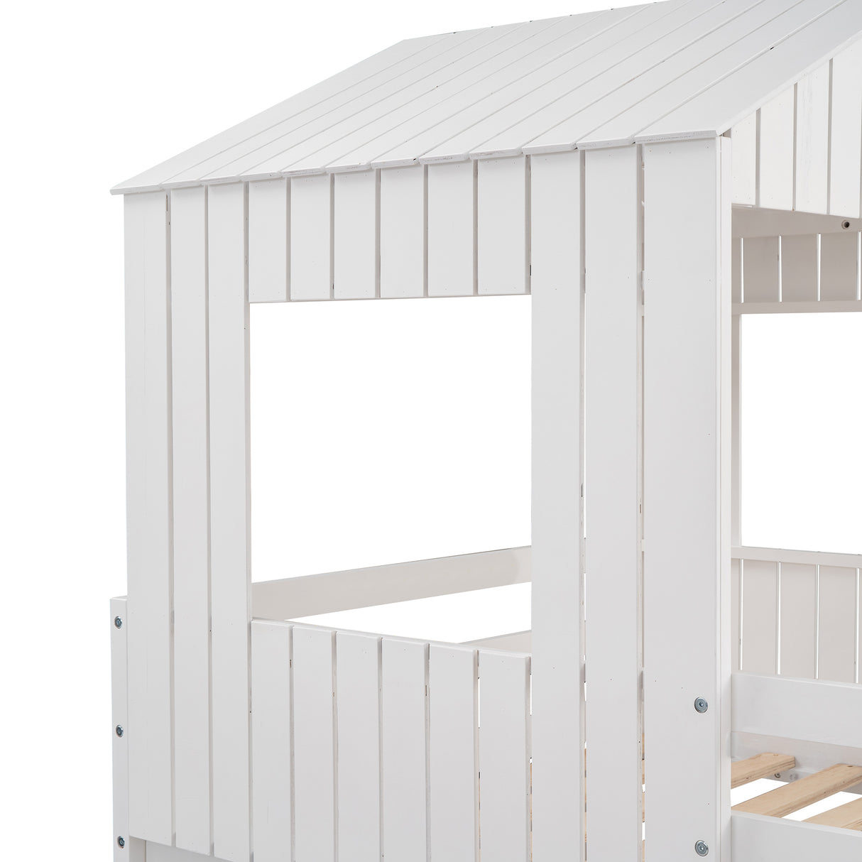 Wooden Twin Over Full Bunk Bed, Loft Bed with Playhouse, Farmhouse, Ladder, Slide and Guardrails, White(OLD SKU :LT000028AAK) - Home Elegance USA