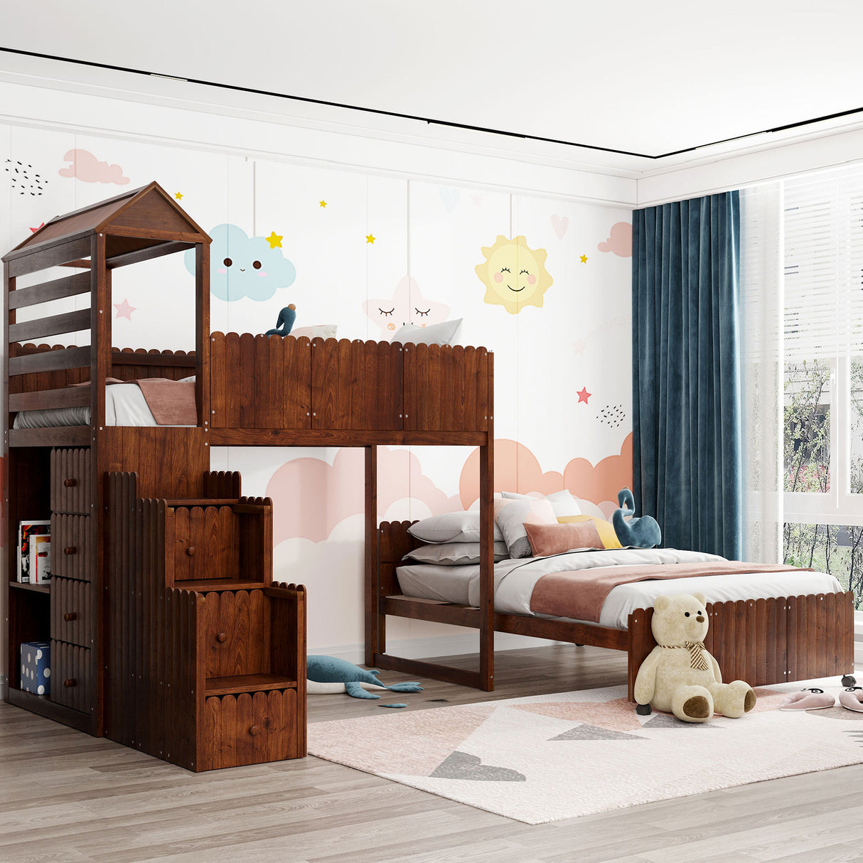 Stairway Twin Over Full Bunk Bed, House Bed with Two Shelves and Seven Drawers,Walnut - Home Elegance USA