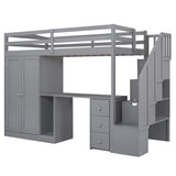 Twin Size Loft Bed with Wardrobe and Staircase, Desk and Storage Drawers and Cabinet in 1,Gray - Home Elegance USA