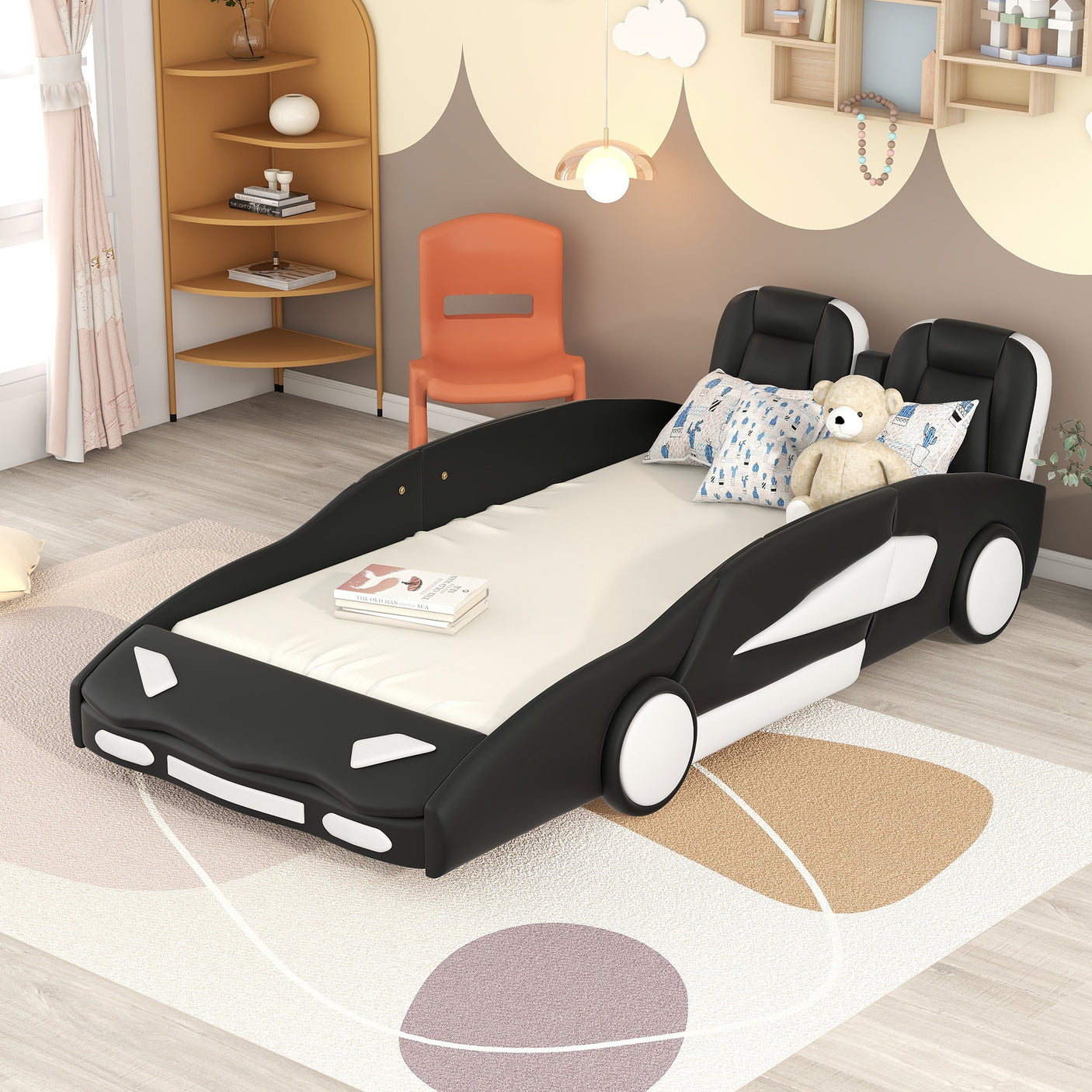 Twin Size Race Car-Shaped Platform Bed with Wheels, Black - Home Elegance USA