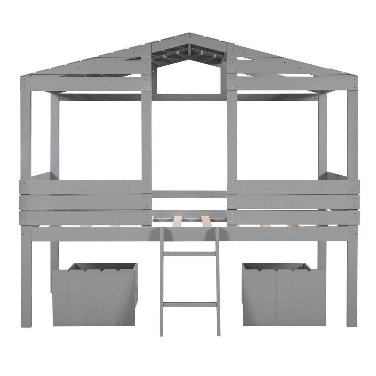 Twin Size Low Loft Wood House Bed with Two Drawers, Gray - Home Elegance USA