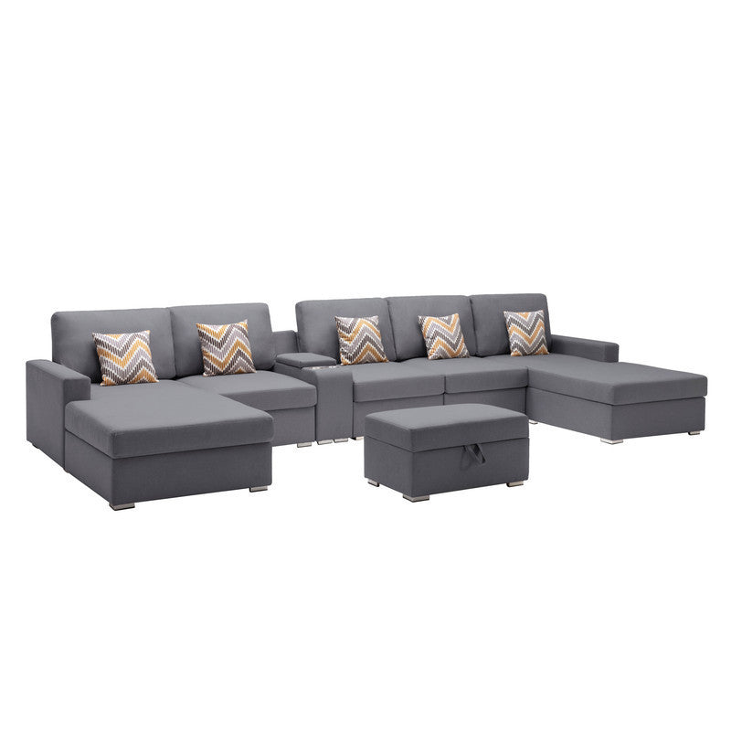 Nolan Gray Linen Fabric 7Pc Double Chaise Sectional Sofa with Interchangeable Legs, Storage Ottoman, Pillows, and a USB, Charging Ports, Cupholders, Storage Console Table - Home Elegance USA