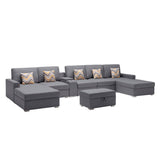 Nolan Gray Linen Fabric 7Pc Double Chaise Sectional Sofa with Interchangeable Legs, Storage Ottoman, Pillows, and a USB, Charging Ports, Cupholders, Storage Console Table - Home Elegance USA