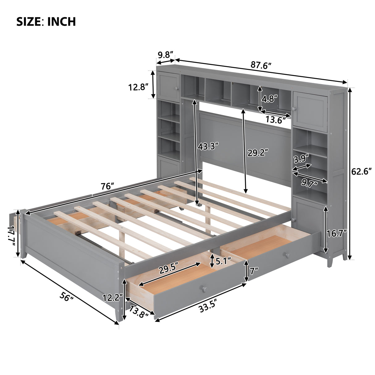 Full Size Wooden Bed With All-in-One Cabinet and Shelf, Gray - Home Elegance USA