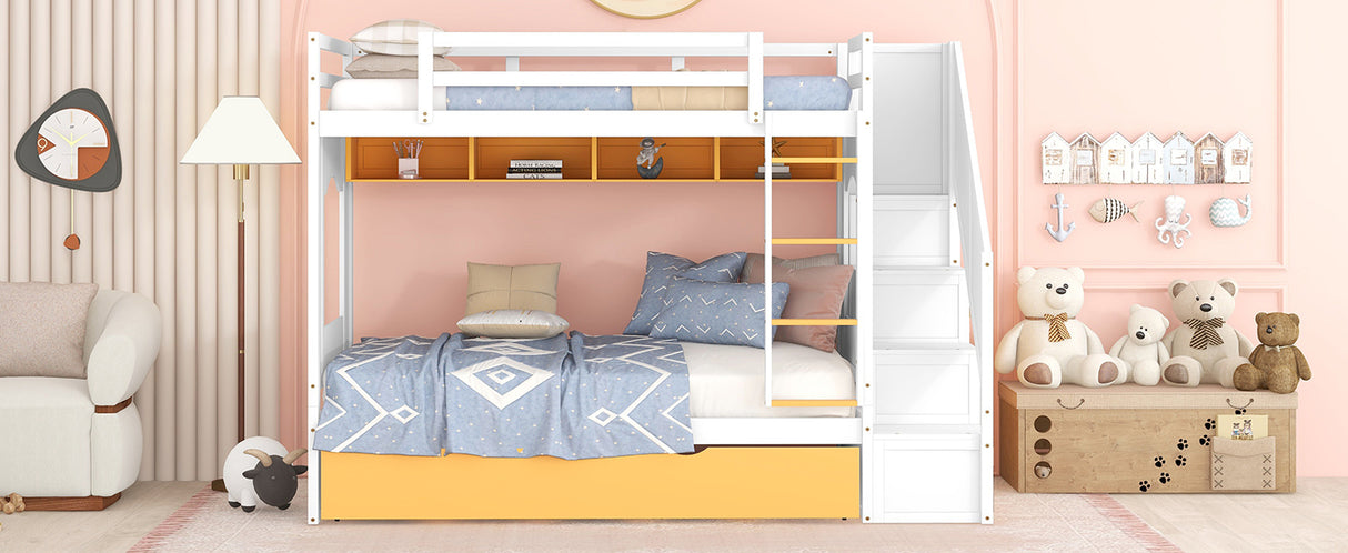 Twin Over Twin Bunk Bed with Trundle ,Stairs,Ladders Solid Wood Bunk bed with Storage Cabinet （White + Yellow） - Home Elegance USA