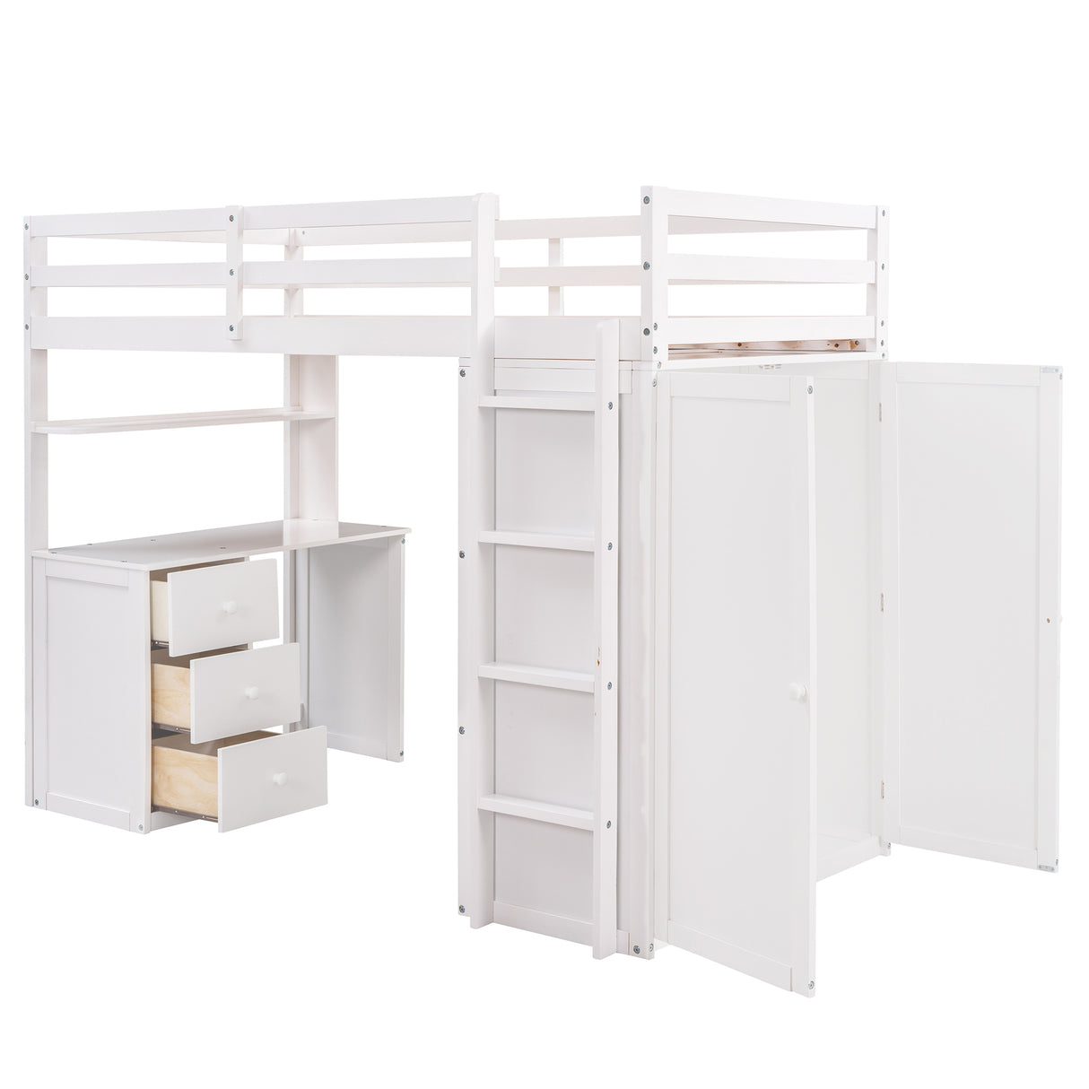 Twin size Loft Bed with Drawers,Desk,and Wardrobe-White - Home Elegance USA