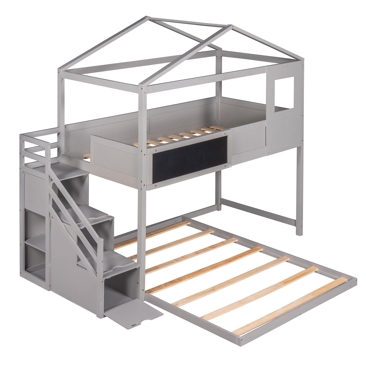 Twin over Full House Bunk Bed with Storage Staircase and Blackboard,Grey - Home Elegance USA
