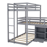 L-shaped Wood Triple Twin Size Bunk Bed with Storage Cabinet and Blackboard, Ladder, Gray - Home Elegance USA