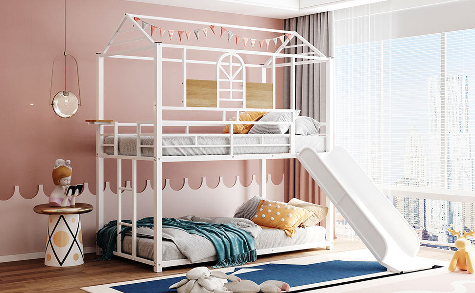 Twin Over Twin Metal Bunk Bed ,Metal Housebed With Slide,Three Colors Available.(White with White  Slide)(OLD SKU :LP000095AAK) - Home Elegance USA