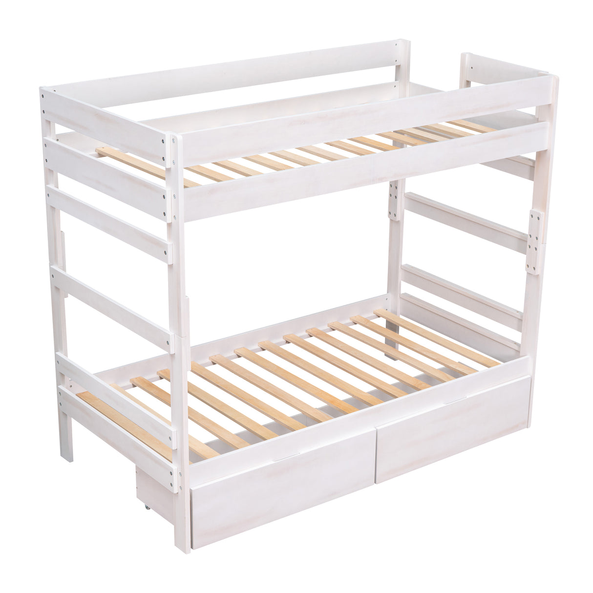 Twin over Twin Wood Bunk Bed with 2 Drawers, White - Home Elegance USA