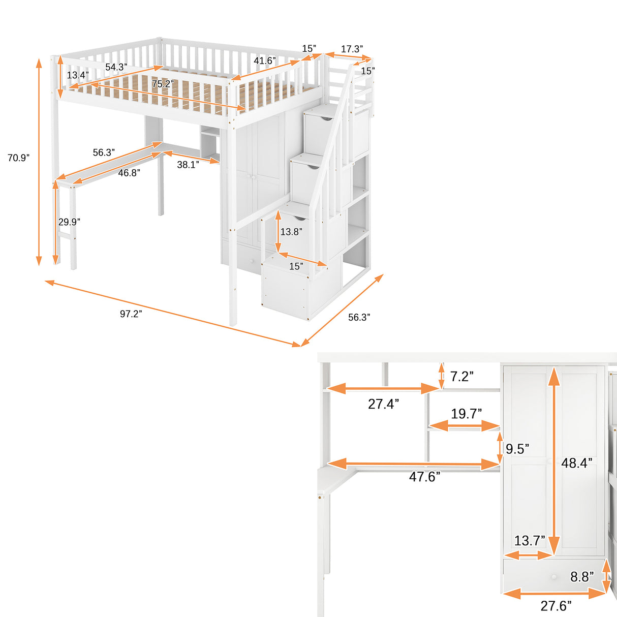 Full size Loft Bed with Bookshelf,Drawers,Desk,and Wardrobe-White - Home Elegance USA