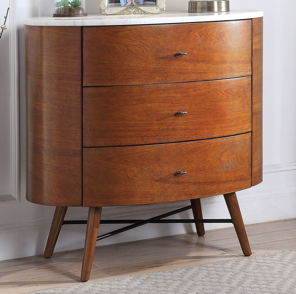 Walnut Finish 1pc Chest of Three Drawers Marble Top Ball Bearing Glides Bedroom Furniture - Home Elegance USA