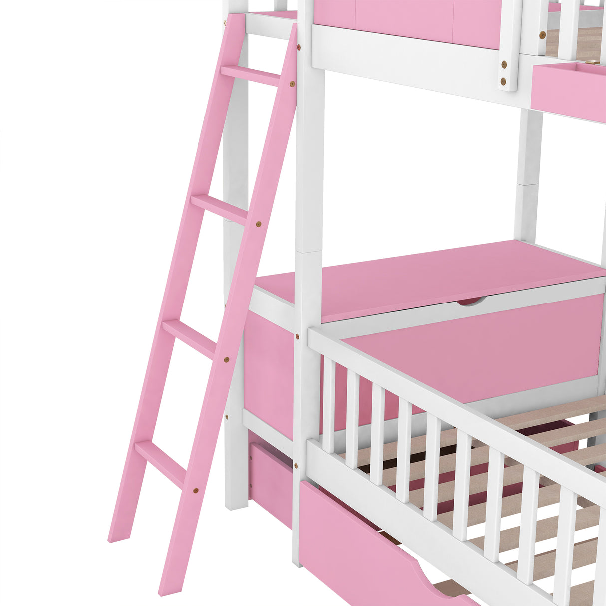 Twin over Twin Bunk Bed with Twin Size Trundle , Farmhouse Bed with Storage Box and Drawer - Pink - Home Elegance USA