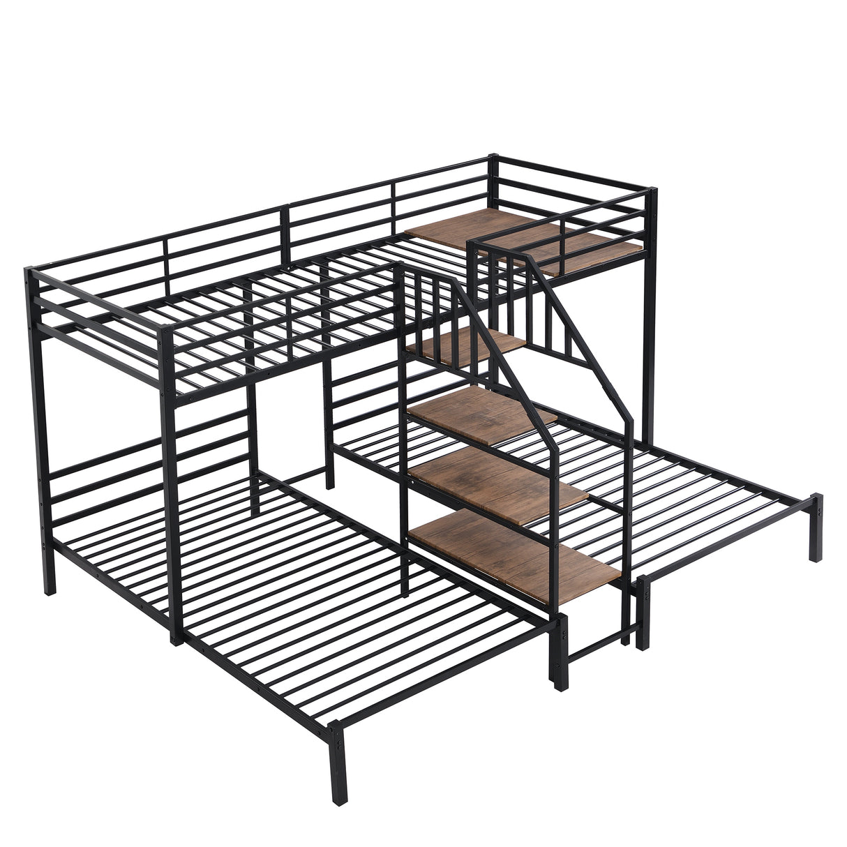 Metal Twin over Twin & Twin Bunk Bed, Triple Bunk Bed with Storage Shelves Staircase, Black - Home Elegance USA