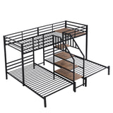 Metal Twin over Twin & Twin Bunk Bed, Triple Bunk Bed with Storage Shelves Staircase, Black - Home Elegance USA