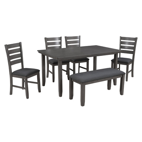 TREXM Dining Room Table and Chairs with Bench, Rustic Wood Dining Set, Set of 6 (Gray) - Home Elegance USA