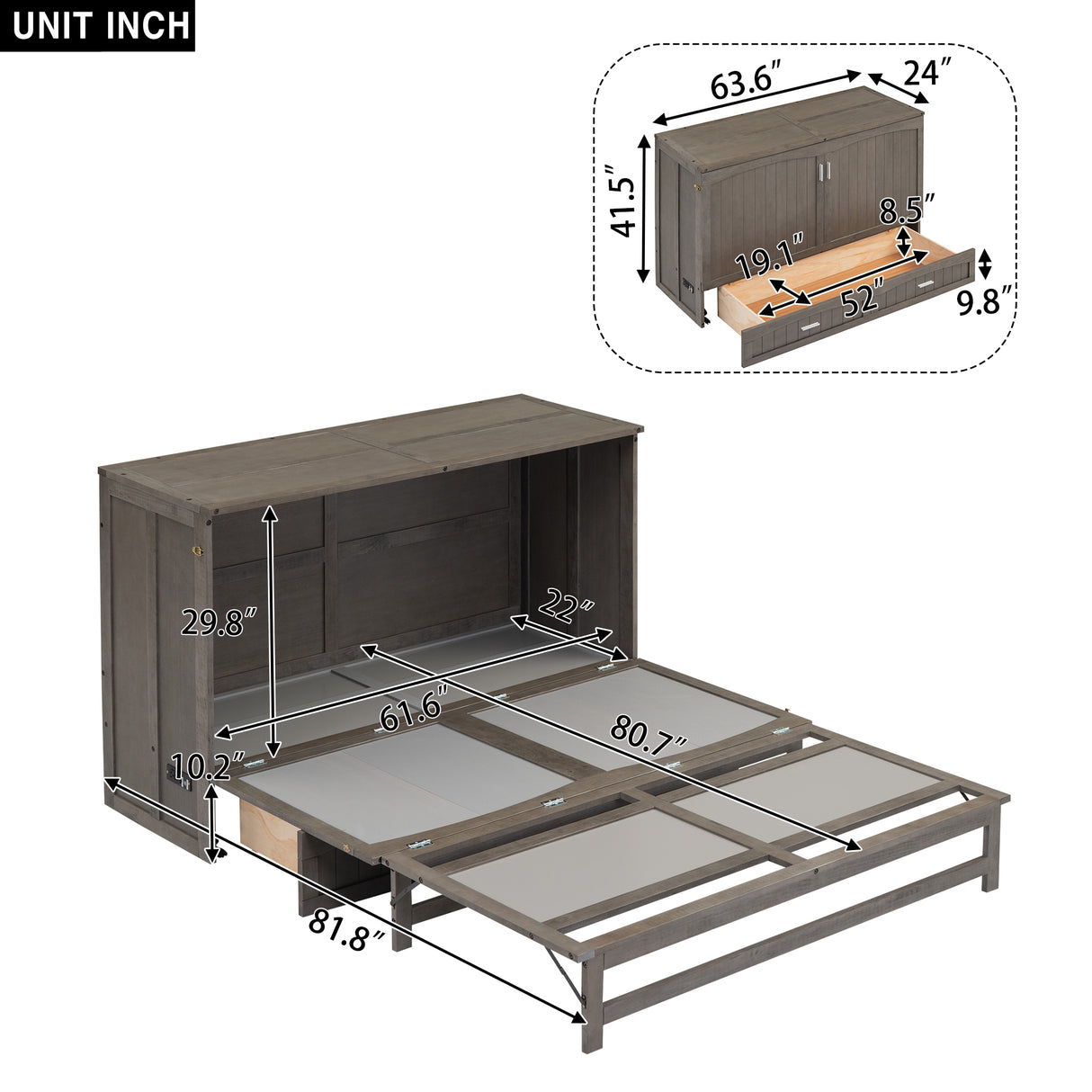 Queen Size Murphy Bed with Built-In Charging Station, Antique Grey(Expected Arrival Time: 8.9) - Home Elegance USA