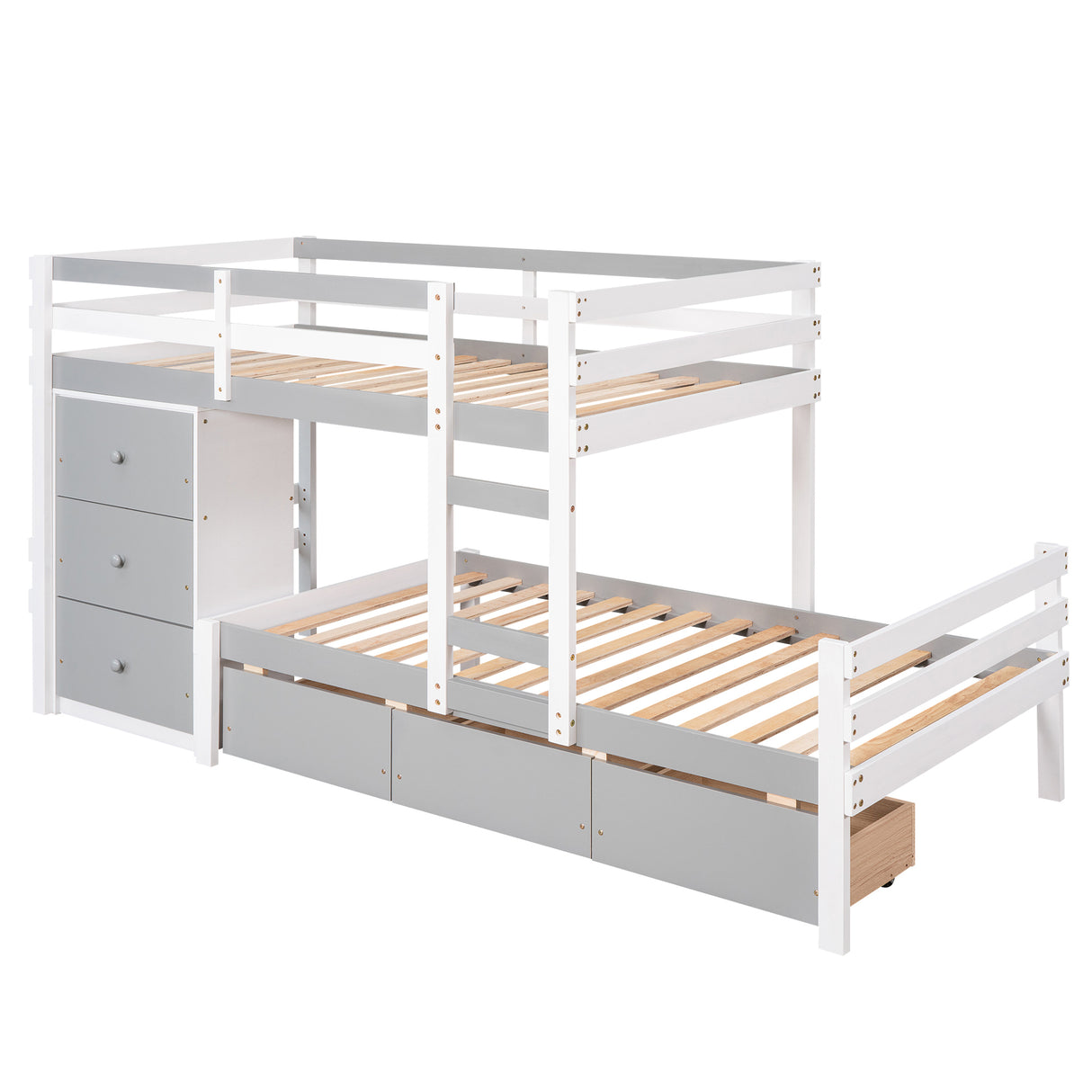 Twin over Twin Loft Bunk Bed with Drawers and Ladder, Gray - Home Elegance USA