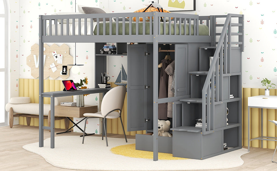 Full size Loft Bed with Bookshelf,Drawers,Desk,and Wardrobe-Gray - Home Elegance USA