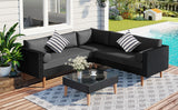 GO 4-pieces Outdoor Wicker Sofa Set, Patio Furniture with Colorful Pillows, L-shape sofa set, Gray cushions and Black Rattan