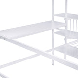 Full Over Twin Metal Bunk Bed with Built-in Desk, Shelves and Ladder, White