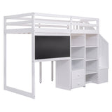 Twin Size Loft Bed with Pullable Desk and Storage Shelves,Staircase and Blackboard,White - Home Elegance USA